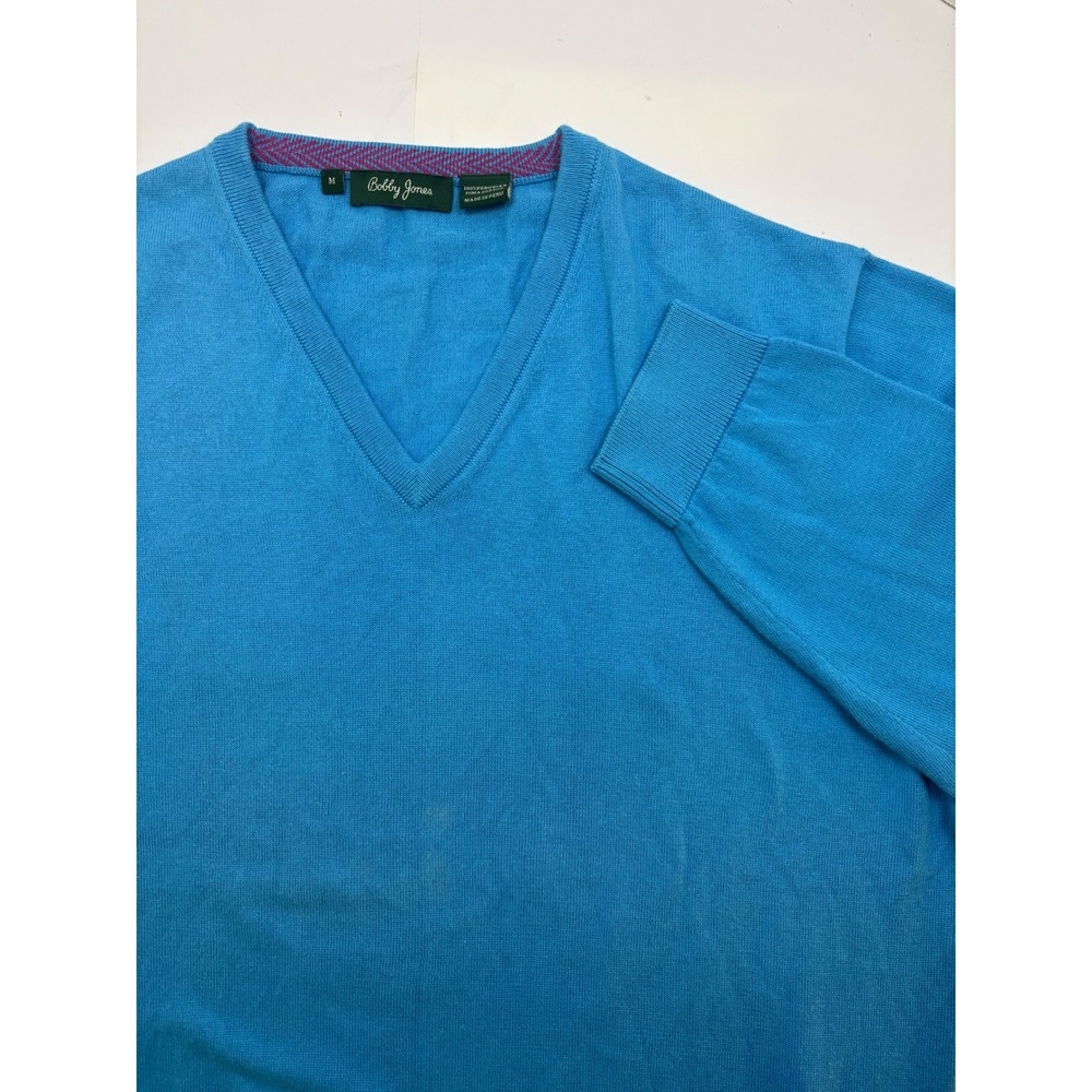 Bobby Jones Mens Cyan Blue Pima Cotton V-Neck Sweater Size Medium Peru